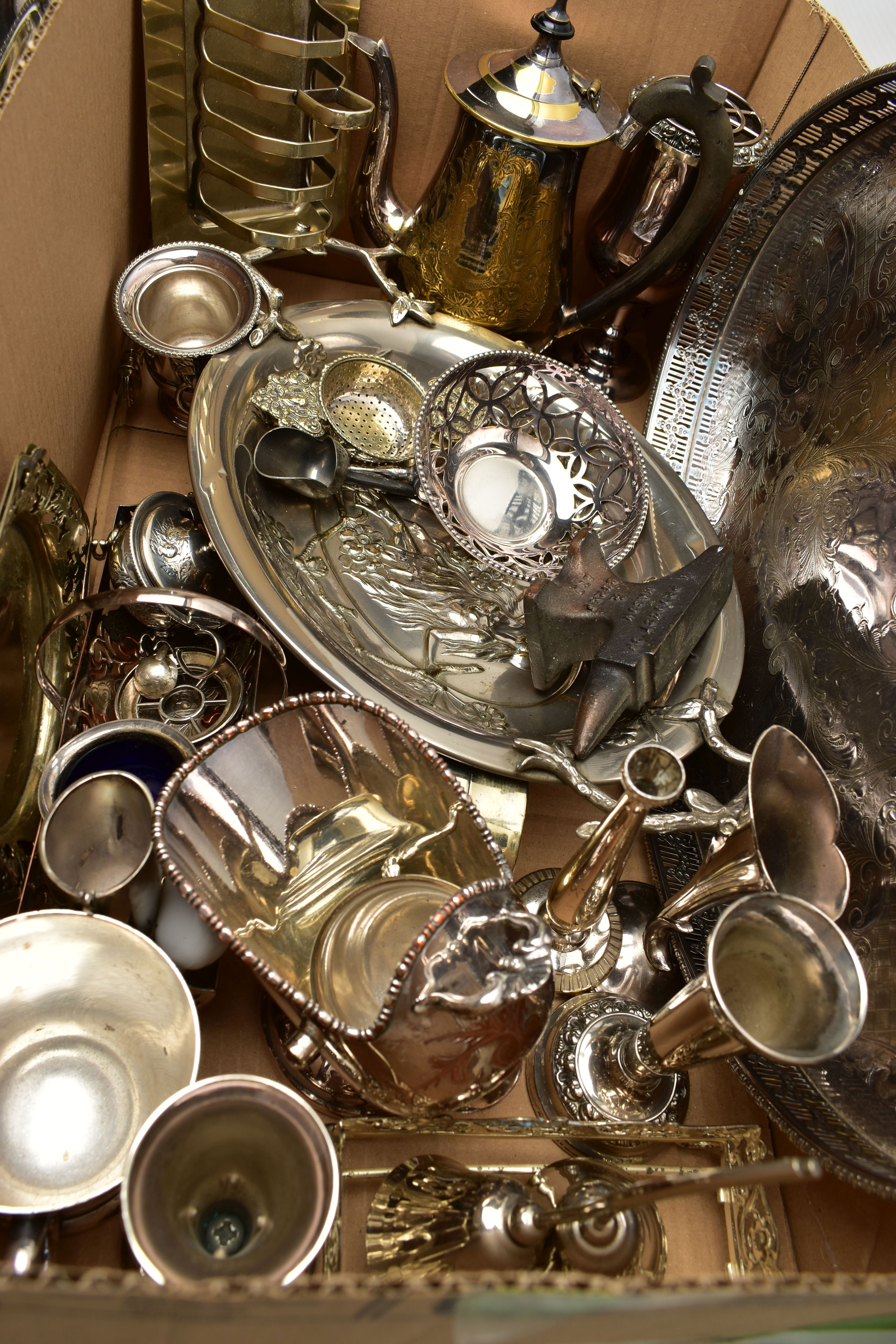 A BOX OF ASSORTED WHITE METAL WARE, to include trays, teapots, posy vases, goblets, tankard, toast - Image 5 of 5