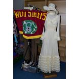 TWO BOXES AND ONE RAIL OF CLOTHING AND ACCESSORIES, to include a West Staffs banner/pennant, a cream