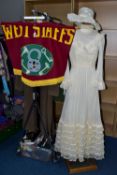 TWO BOXES AND ONE RAIL OF CLOTHING AND ACCESSORIES, to include a West Staffs banner/pennant, a cream
