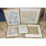 FIVE FRAMED MAPS COMPRISING 'EAST INDIES' BY THOMAS KITCHIN, approximate size 13cm x 10cm, a 'Plan