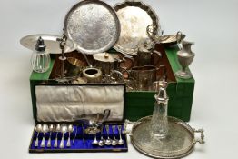A BOX OF ASSORTED WHITE METAL WARE, to include four trays, a tea pot and matching AF sugar pot,