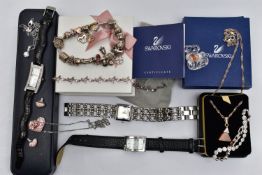 A BOX OF ASSORTED JEWELLERY AND ITEMS, to include a Pandora charm bracelet fitted with seventeen