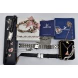 A BOX OF ASSORTED JEWELLERY AND ITEMS, to include a Pandora charm bracelet fitted with seventeen