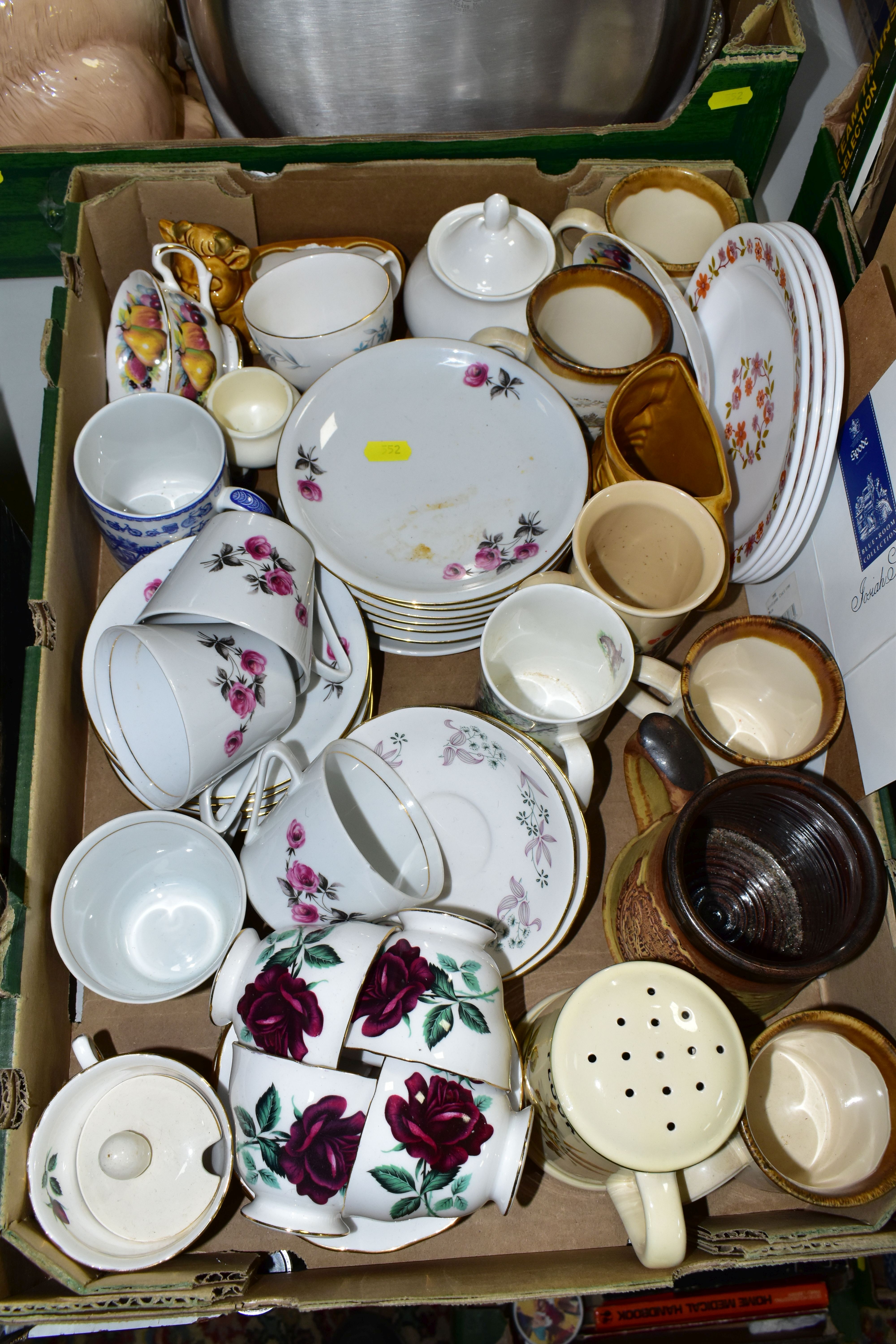 FOUR BOXES OF CERAMICS AND METALWARE, to include assorted tea sets, dinner wares, Spillars Flour - Image 2 of 8