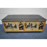 A RARE 1960'S AVALON YATTON BEATLES OTTOMAN, with a black vinyl lid, and transfer decorated