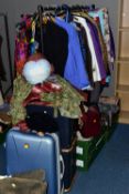 EIGHT BOXES, ONE TRAVELLING TRUNK, SUITCASE AND ONE RAIL OF VINTAGE CLOTHING AND ACCESSORIES, to