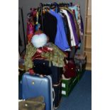 EIGHT BOXES, ONE TRAVELLING TRUNK, SUITCASE AND ONE RAIL OF VINTAGE CLOTHING AND ACCESSORIES, to