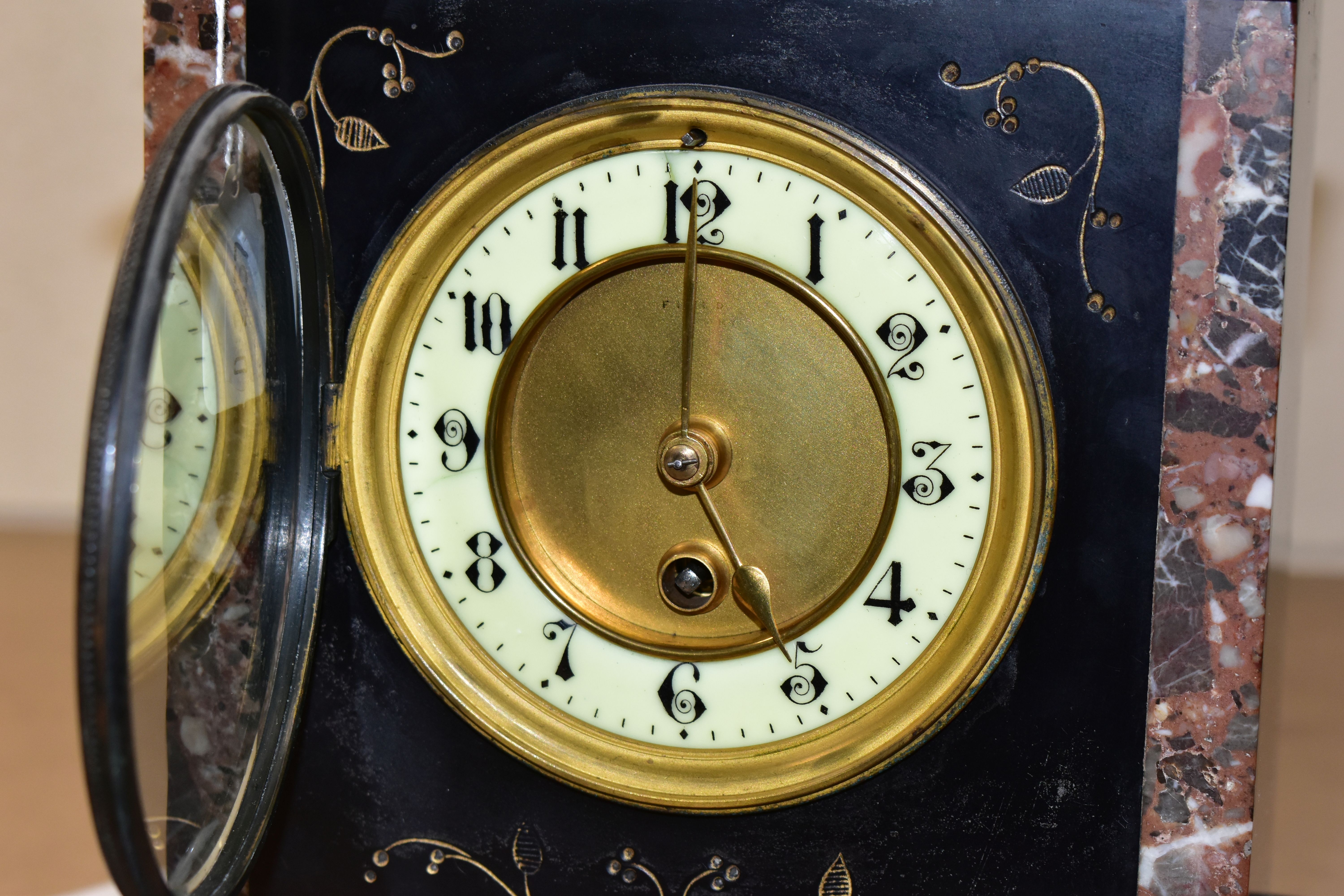 TWO MANTEL CLOCKS, comprising a black slate mantel clock with red marble inserts, engraved foliate - Image 2 of 7