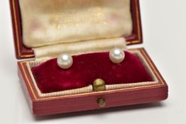 A PAIR OF CULTURED PEARL STUD EARRINGS, each earring set with a cultured pearl, measuring