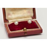 A PAIR OF CULTURED PEARL STUD EARRINGS, each earring set with a cultured pearl, measuring