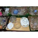 FIVE BOXES OF GLASSWARE, to include coloured pressed glass dessert dishes, vases, five mid-century