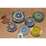 SEVEN GLASS PAPERWEIGHTS, mainly millefiori types, to include one Perthshire paperweight with pastel