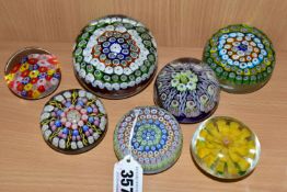 SEVEN GLASS PAPERWEIGHTS, mainly millefiori types, to include one Perthshire paperweight with pastel
