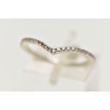 A WHITE METAL WISHBONE RING, set with small colourless cubic zirconia (two stones are missing),