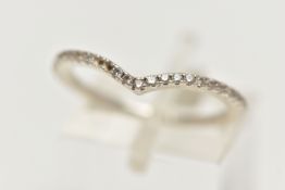 A WHITE METAL WISHBONE RING, set with small colourless cubic zirconia (two stones are missing),