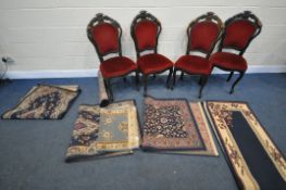 A SET OF FOUR ITALIAN MAHOGANY DINING CHAIRS, a cream Chinese rug, and a selection of modern rugs (