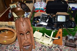 THREE BOXES AND LOOSE MISCELLANEOUS SUNDRIES, to include a Benkson PTV2 portable television, a JVC