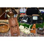 THREE BOXES AND LOOSE MISCELLANEOUS SUNDRIES, to include a Benkson PTV2 portable television, a JVC