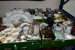 FIVE BOXES OF CERAMICS, to include a large black and white Royal Doulton 'Willow' pattern meat