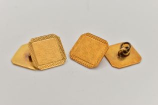 A PAIR OF YELLOW METAL CUFFLINKS, square shape with cut off corners, engine turned pattern, fitted
