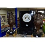 A BLACK SLATE AND MARBLE CASED CLOCK GARNITURE, having brocot escapement, white chapter ring with