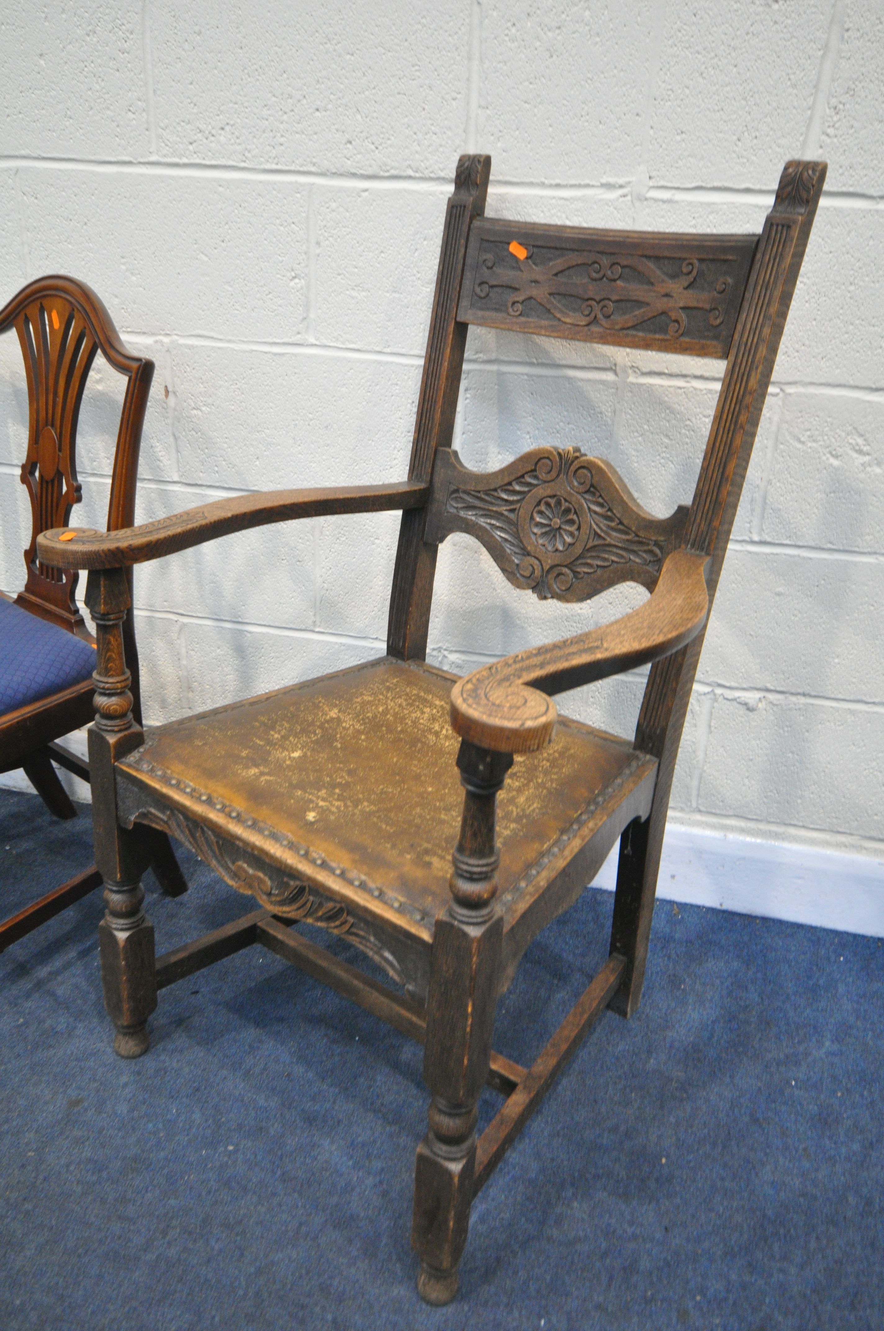 A LATE 19TH/EARLY 20TH CENTURY OAK ARMCHAIR, with open armrests (condition:-worn finish) a similar - Image 2 of 3