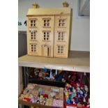 THREE BOXES AND LOOSE DOLLS HOUSE, DOLLS AND FURNITURE, to include a modern three storey undecorated