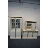THREE VARIOUS CONTINENTAL CREAM AND GOLD PAINTED FURNITURE, to include a glazed display cabinet,