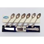 A BOXED ELIZABETH II SILVER HANDLED CAKE KNIFE AND A SET OF SIX GEORGE V SILVER COFFEE SPOONS, the