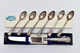 A BOXED ELIZABETH II SILVER HANDLED CAKE KNIFE AND A SET OF SIX GEORGE V SILVER COFFEE SPOONS, the