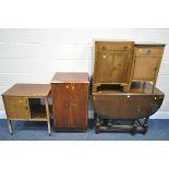 A SELECTION OF OAK FURNITURE, to include a gate leg table, a two door cabinet, two bedside cabinets,
