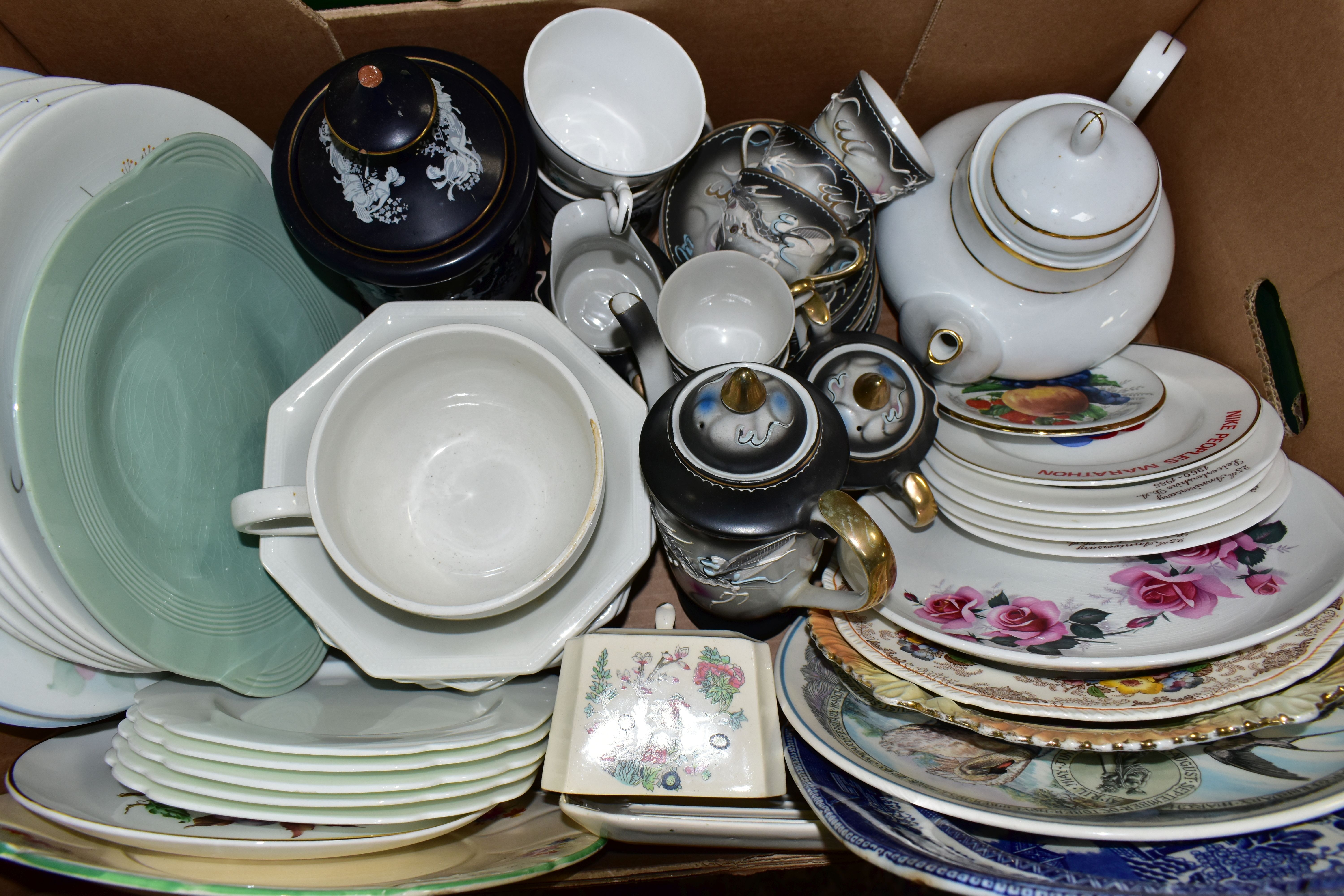 FOUR BOXES OF CERAMICS AND METALWARE, to include assorted tea sets, dinner wares, Spillars Flour - Image 3 of 8