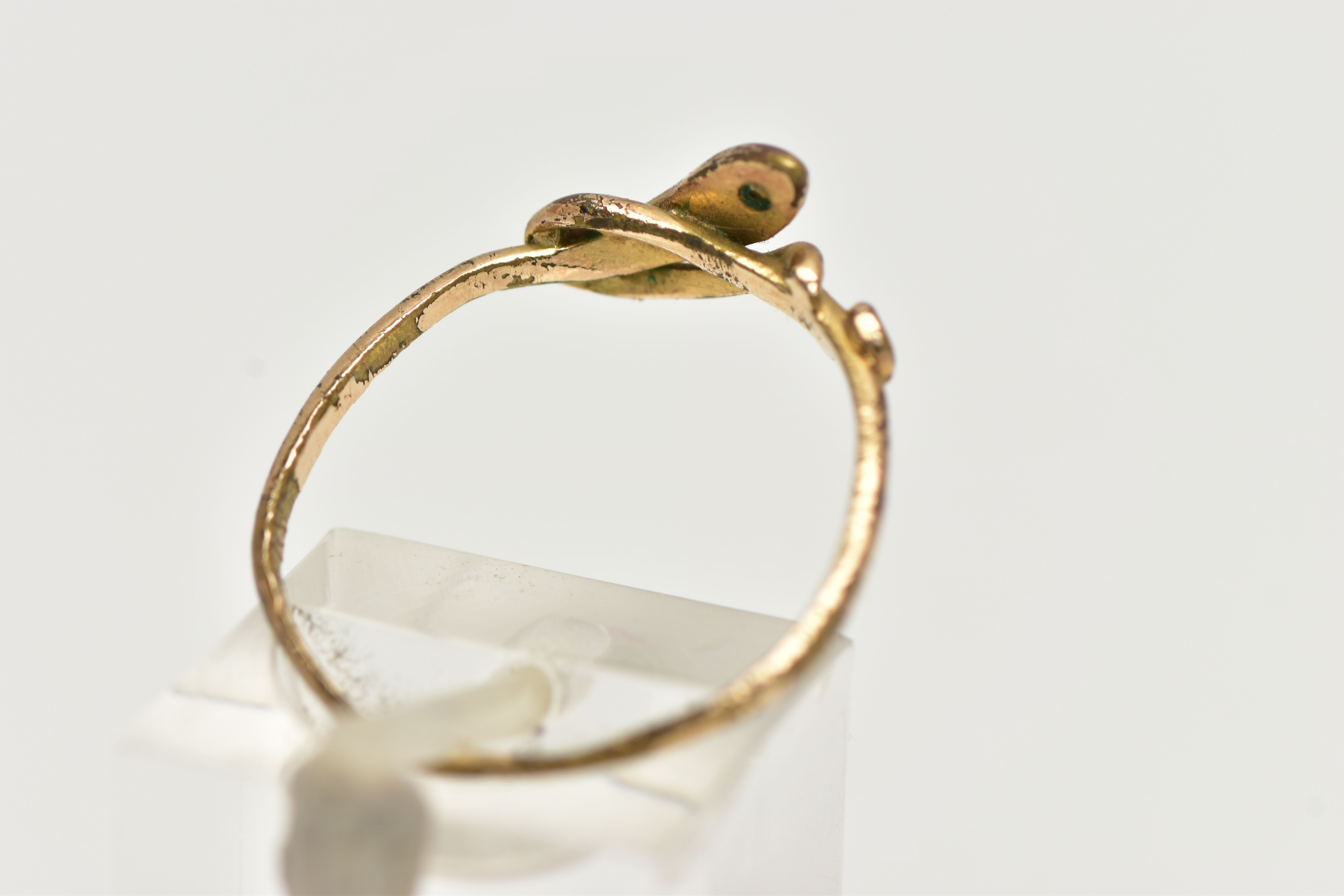 A GOLD PLATED SNAKE RING, coiled snake set with a colourless cubic zirconia to the head, unmarked, - Image 3 of 4