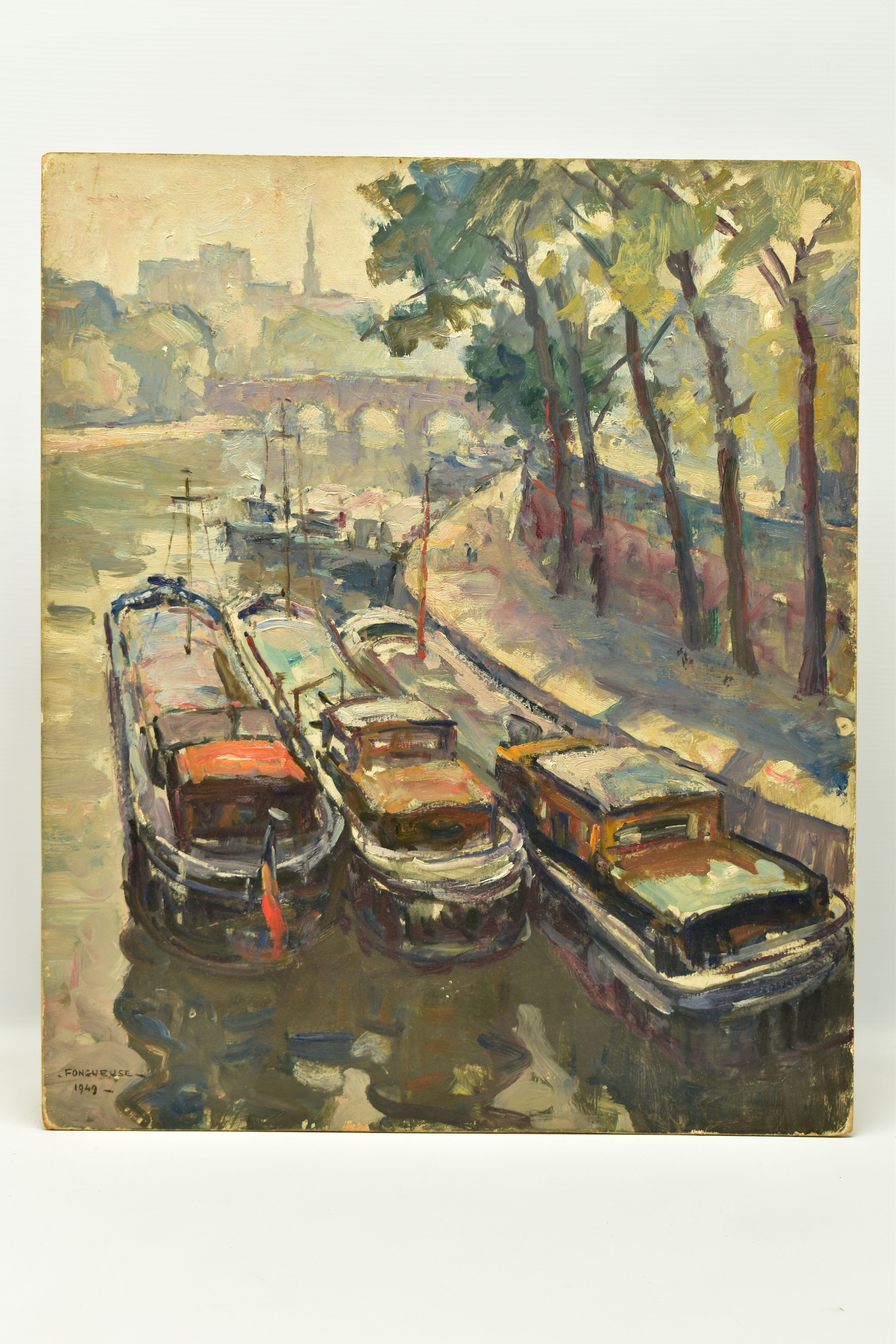 MAURICE FONGUEUSE (FRENCH 1888-1963) 'LA SEIN AU QUAI CONTI', canalboats with bridge in the