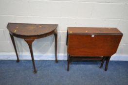 AN EDWARDIAN MAHOGANY AND CROSSBANDED SUTHERLAND TABLE, along with a demi lune hall table (