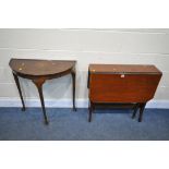 AN EDWARDIAN MAHOGANY AND CROSSBANDED SUTHERLAND TABLE, along with a demi lune hall table (