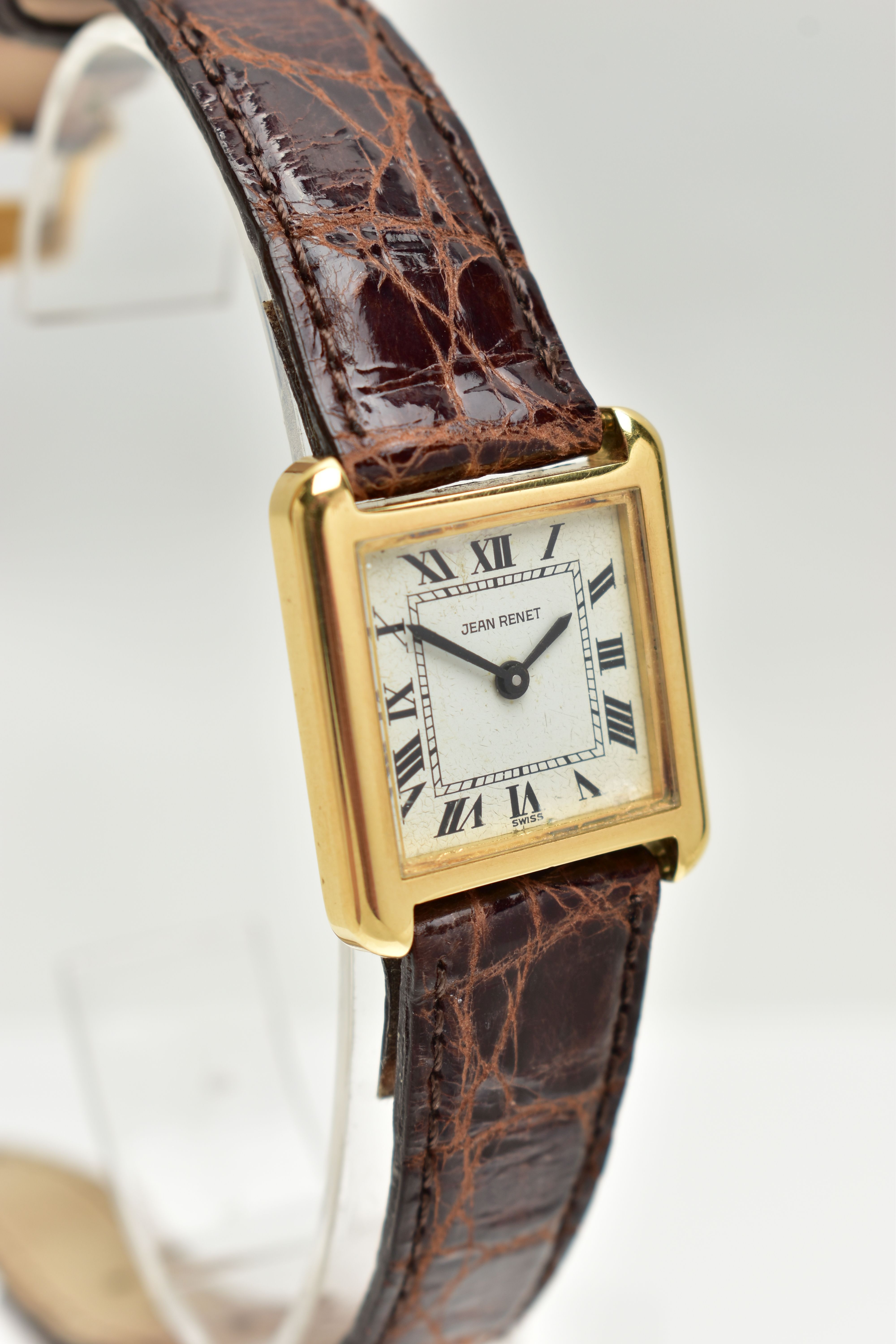 A LADIES 18CT GOLD 'JEAN RENET' WRISTWATCH, hand wound movement, square dial, signed 'Jean Renet', - Image 2 of 6