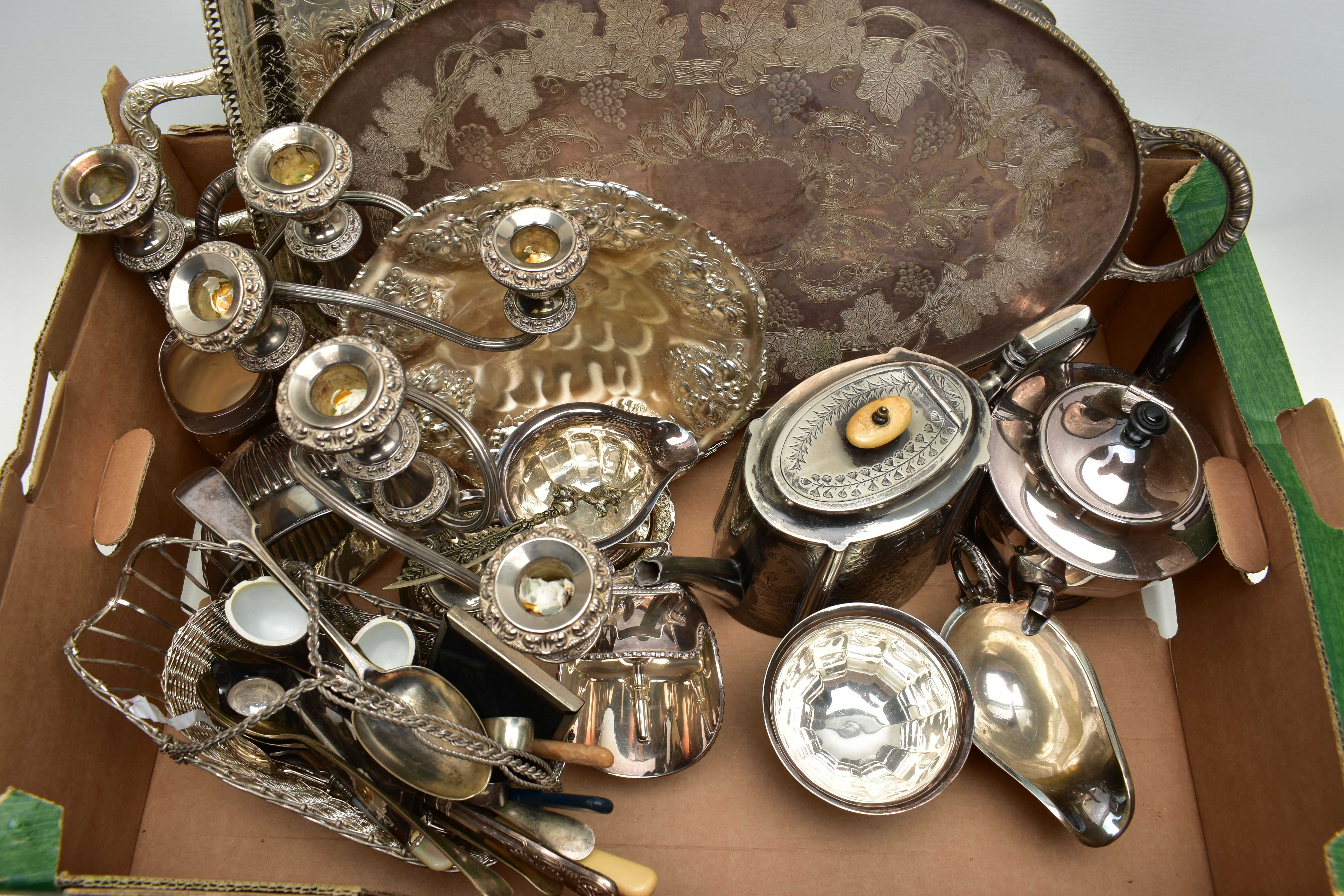 A BOX OF ASSORTED WHITE METAL WARE, to include two trays, a pair of candelabras, a sugar caster, a - Image 3 of 5