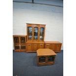 A SELECTION OF CHERRYWOOD LOUNGE FURNITURE, to include a display cabinet, width 123cm x depth 43cm x