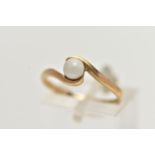 A 9CT GOLD SINGLE PEARL RING, set with a single cultured pearl, between crossover shoulders, leading