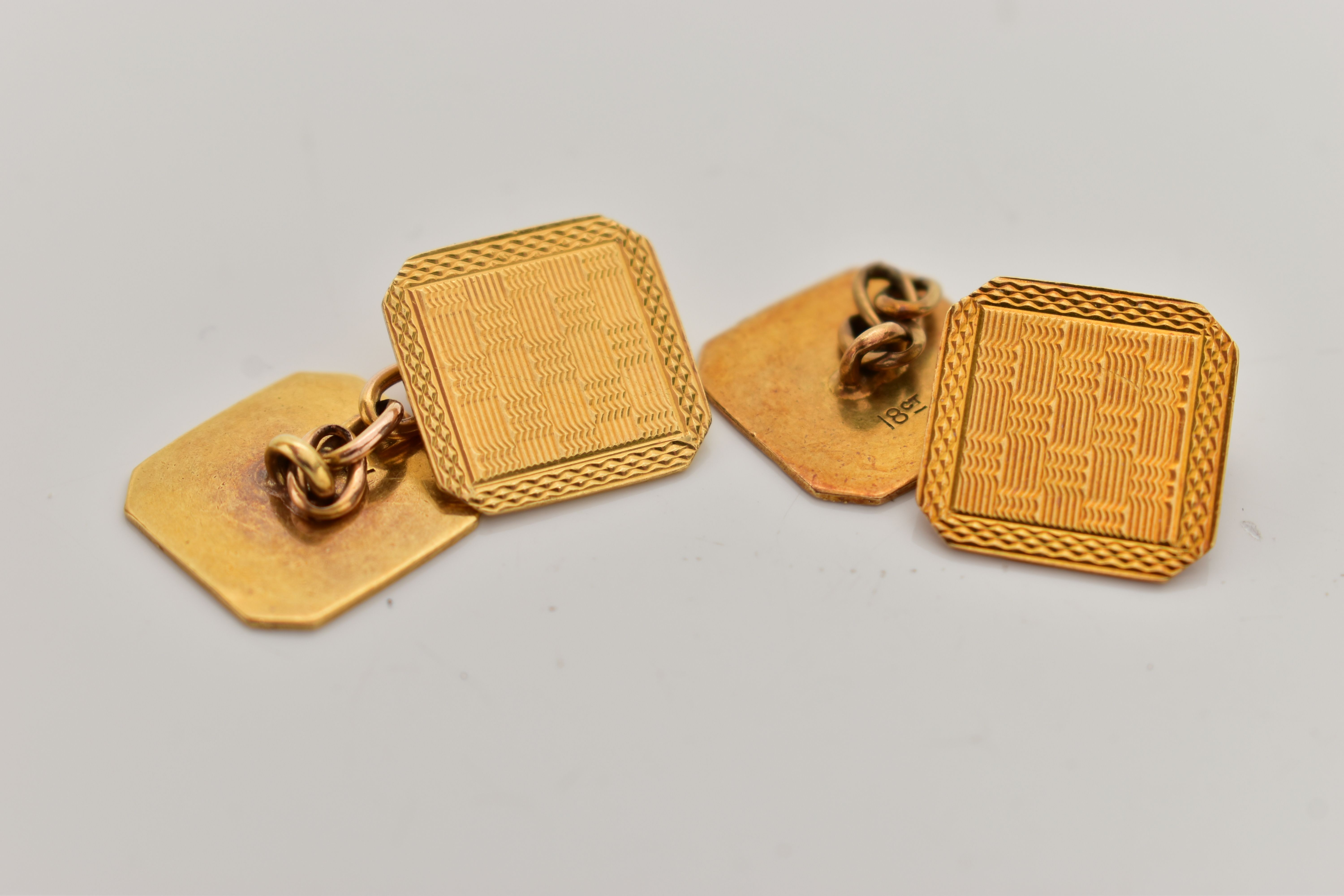 A PAIR OF YELLOW METAL CUFFLINKS, square shape with cut off corners, engine turned pattern, fitted - Image 2 of 2