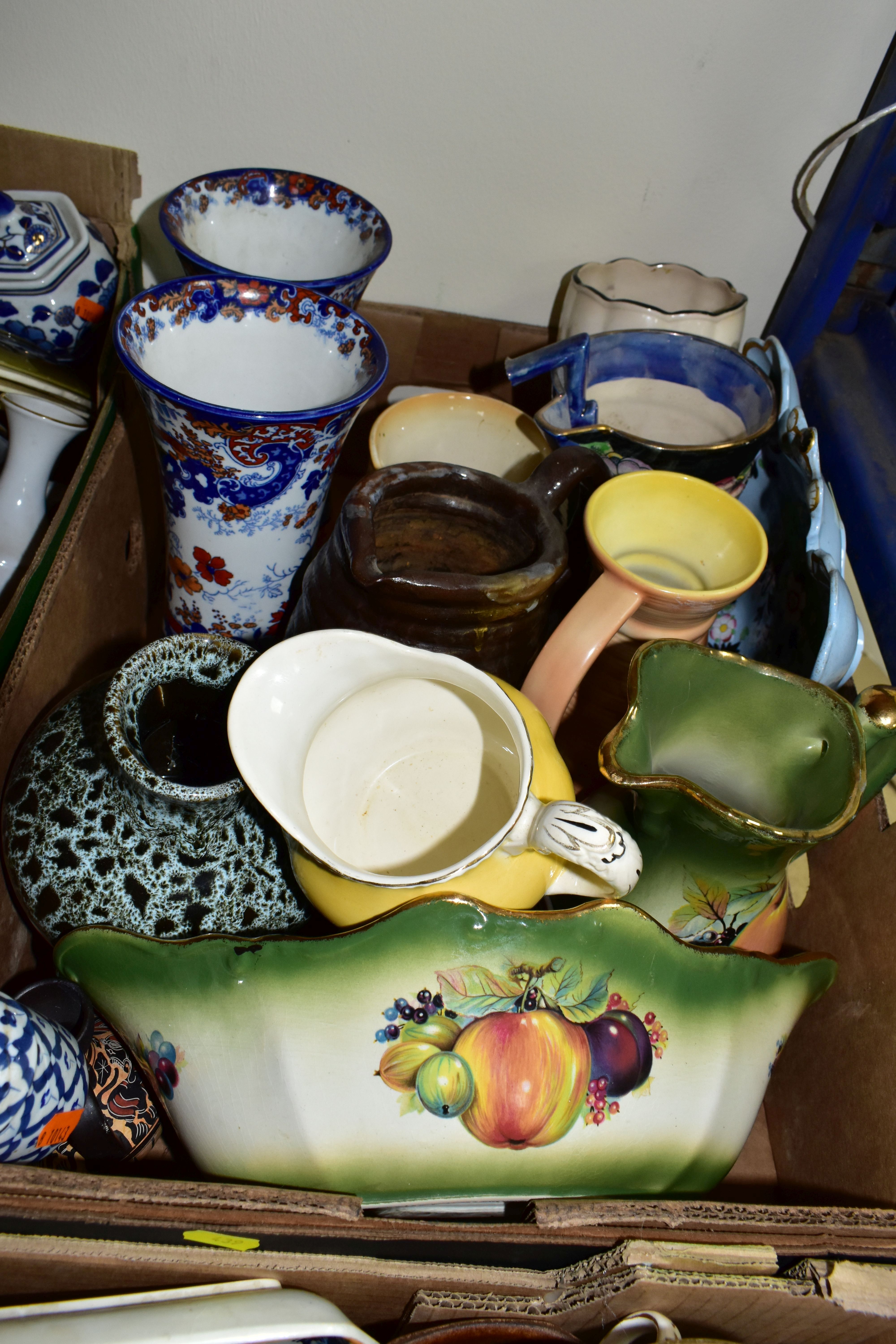 FIVE BOXES OF CERAMICS, to include a large black and white Royal Doulton 'Willow' pattern meat - Image 5 of 8