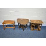 AN OAK NEST OF THREE TABLES, an oak gate leg occasional table, and a mid-century teak occasional