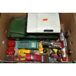 A BOX OF PLAYWORN DIECAST VEHICLES, to include a Corgi Toys Chitty Chitty Bang Bang, having