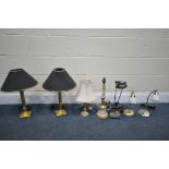 A SELECTION OF TABLE LAMPS, to include a pair of gilt framed column table lamps, a marble and gilt