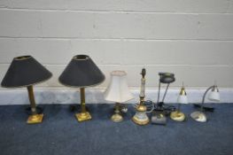 A SELECTION OF TABLE LAMPS, to include a pair of gilt framed column table lamps, a marble and gilt