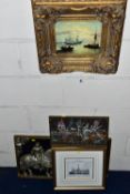 SIX DECORATIVE PRINTS AND WALL PLAQUES, comprising a framed print depicting a 19th Century