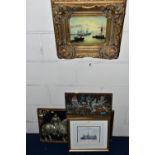 SIX DECORATIVE PRINTS AND WALL PLAQUES, comprising a framed print depicting a 19th Century