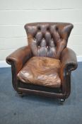 A BROWN LEATHER BUTTONED ARMCHAIR, on square legs and casters, width 82cm x depth 85cm x height 90cm