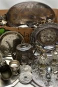 A BOX OF ASSORTED WHITE METAL WARE, to include trays, teapots, posy vases, goblets, tankard, toast